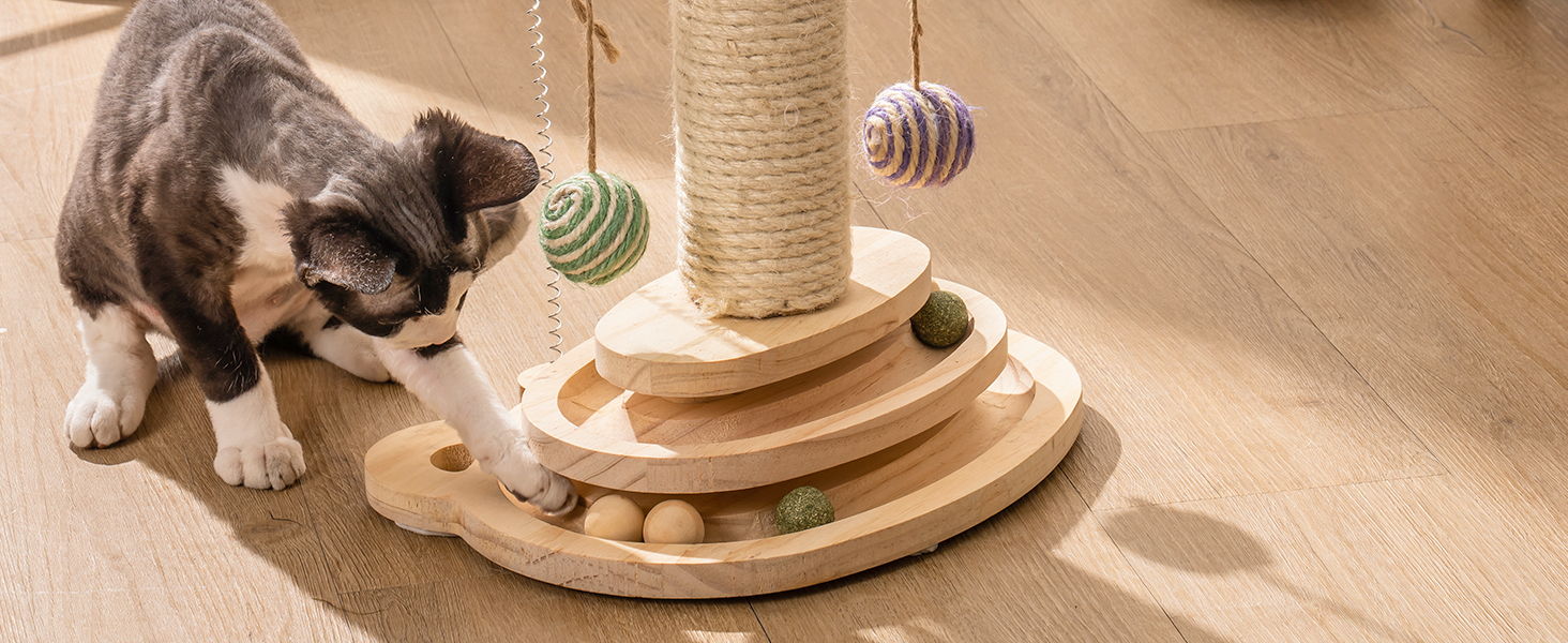 Іграшка для котів MEWOOFUN з дерева, роликовий іграшковий центр з двошаровим обертовим диском, інтерактивна іграшка з пір'ям, 3-в-1 іграшка для кошенят з інтерактивними м'ячиками та висячими кульками, дряпка для котів (маленька)