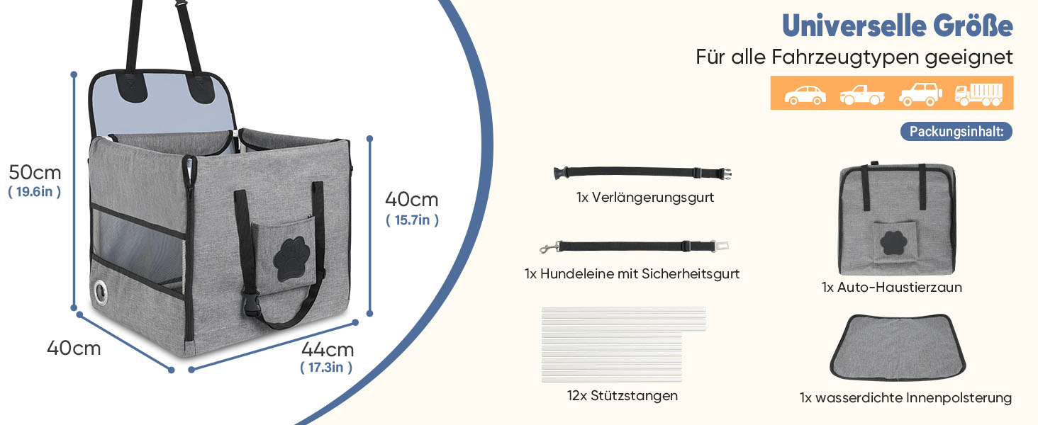 Автокрісло для собак 44x40x40 см – міцне автокрісло з ременем безпеки та сіткою – складний собачий кошик для заднього сидіння авто для маленьких та середніх собак, водонепроникне та зручне