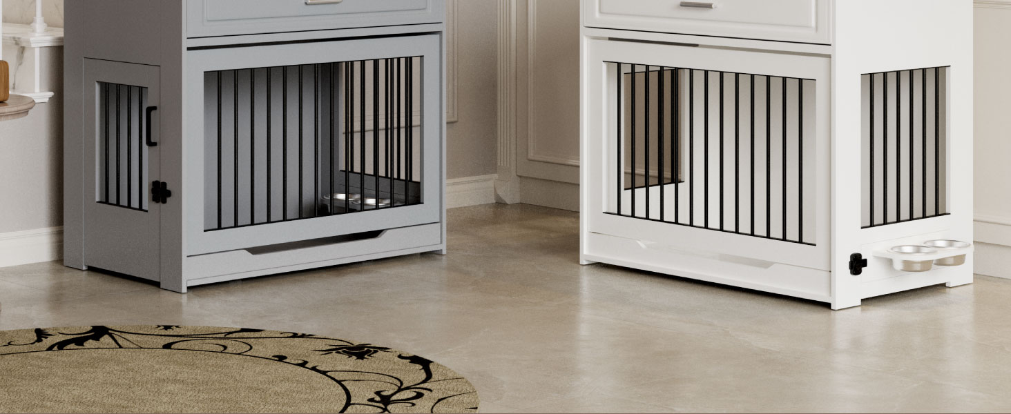 DAWNYIELD Клітка для собак, меблі, дерев'яна з відкидною дверцятами та шухлядою, стиль меблів, внутрішній вольєр для собак, стіл з поворотним миском на 360°, білий колір, біла розсувна дверцята (сіра розсувна дверцята)