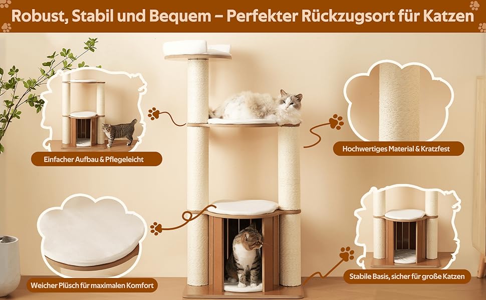 Кігтеточка для котів CareCooo 135 см з товстими стійкими стовпчиками, з будиночком, захистом від перекидання, з сизалю, водонепроникна, для великих котів, коричнево-біла