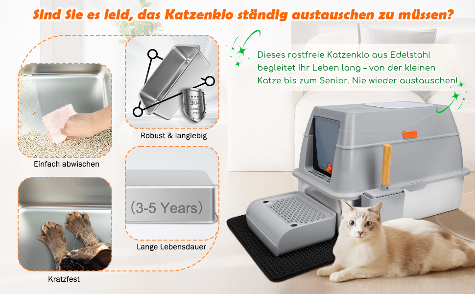 Котловий туалет SZEETECH для котів, великий XXL, нержавіюча сталь з кришкою, з лопаткою, килимком та підставкою, сірий