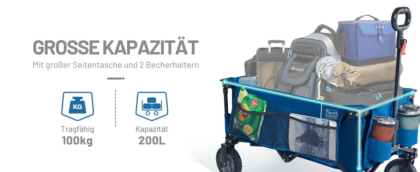 Возик вантажний Timber Ridge XXL, складаний, з кишенею та тримачем для напоїв, для саду, кемпінгу, покупок (Блакитний)