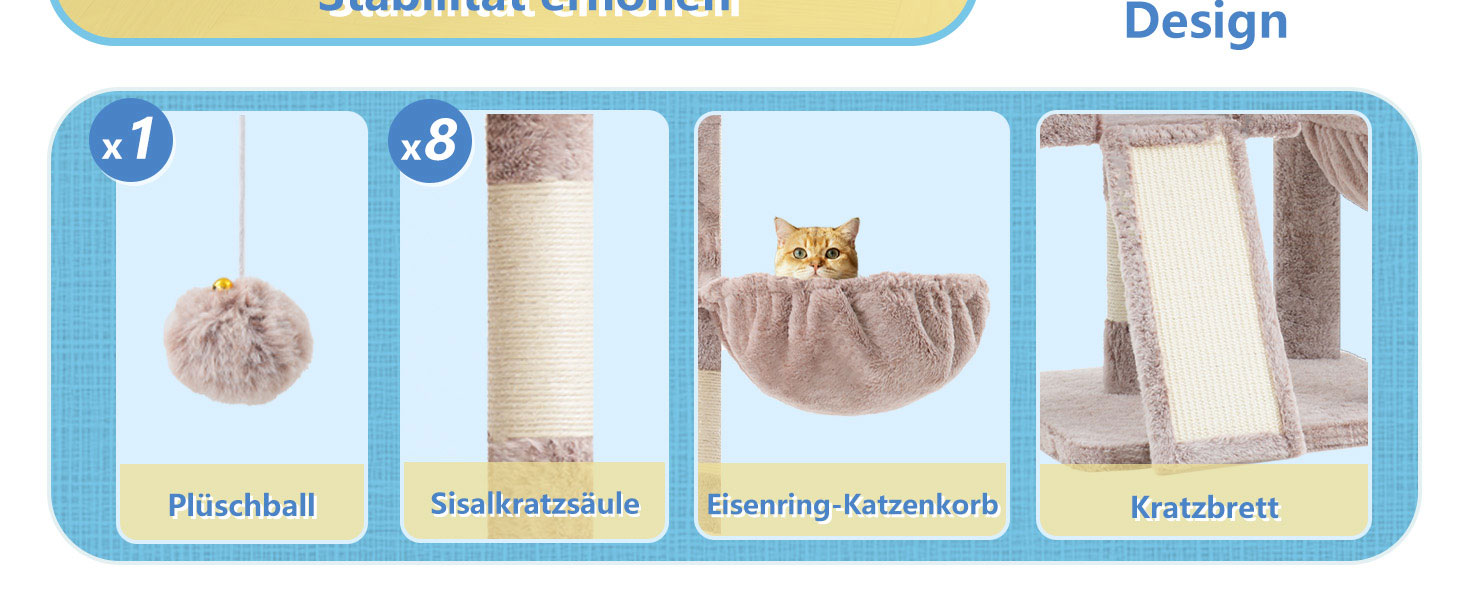 Котячий будиночок Hey-brother Kratzbaum з великими платформами для великих котів, 127 см, з драбиною, 2 печери, гамак, сизаль, кошик, MPJ071W (пісочний)