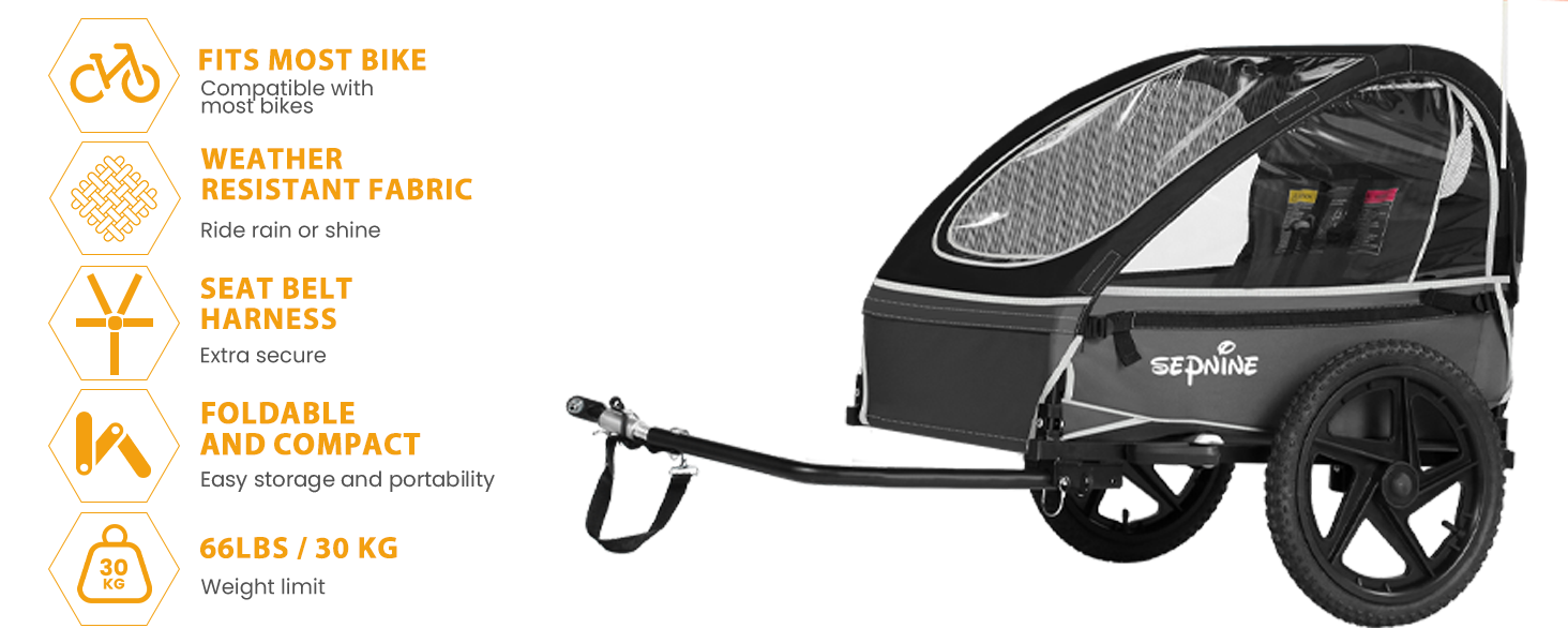 Причіп для велосипеда Sepnine для дітей, на 1 або 2 дітей, від 12 місяців, швидке кріплення, складний, з 5-точковим ременем та кишеньками для зберігання, BT609S-Black