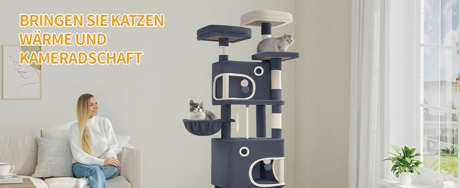 Драбина-кіготь для котів Hzuaneri, 159 см, з 8 кігтеточок, 3 платформ, 2 будиночків, кошиком, плюшевими кульками, мотузкою з сизалю, підходить для котів різних розмірів, MS15918LG (XL, темно-сірий)