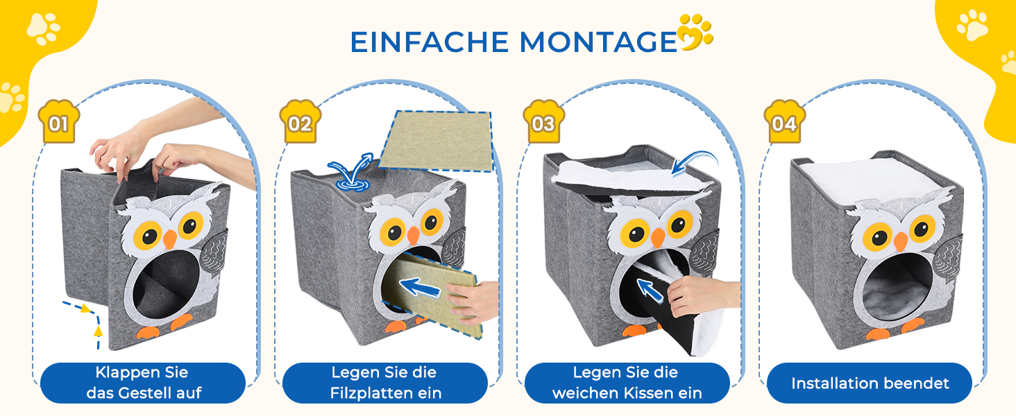 Двоповерховий будиночок для котів Dripex з фетру з подушкою, 30 x 35 x 35 см (Сова)