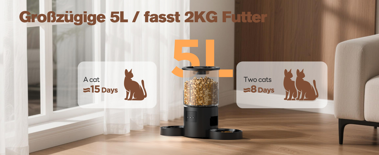 Автоматичний годівниця для котів AONBOY з двома мисками та Wi-Fi: 5L, таймер, для сухого корму, чорна