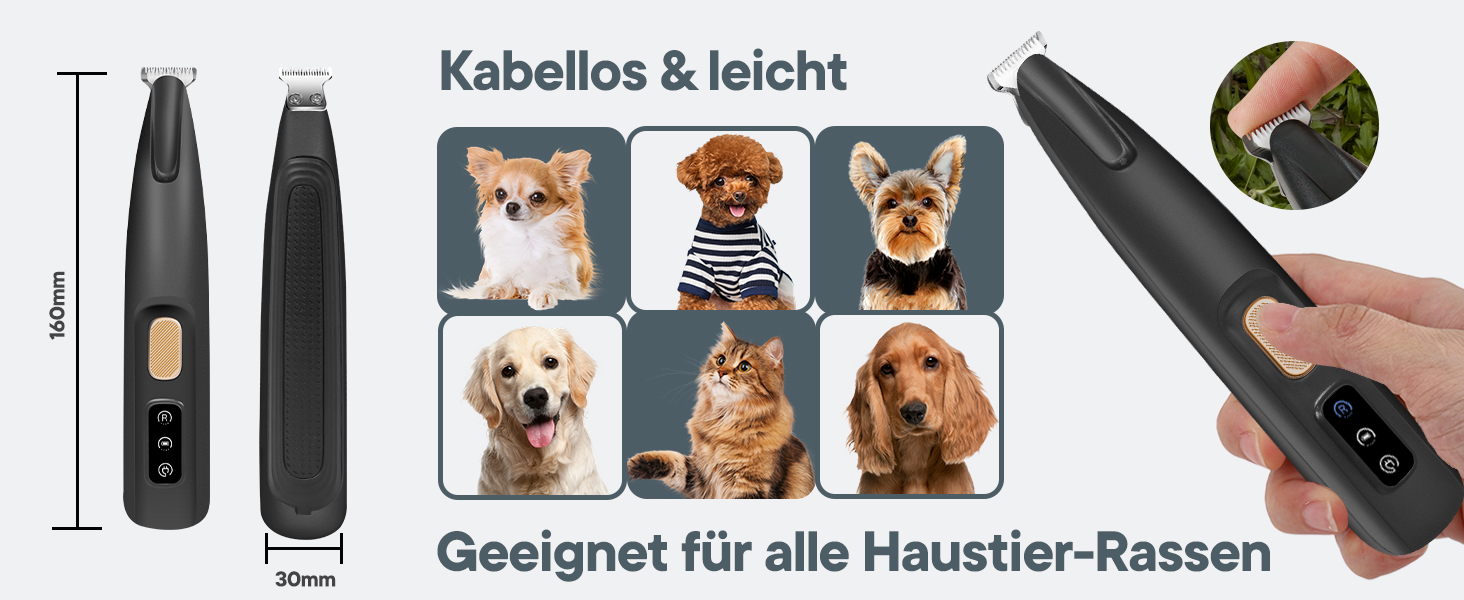 Триммер для собак та котів Pfotentrimmer з LED-підсвічуванням, 18 мм, тихий (35 дБ), водонепроникний, акумуляторний, для догляду за лапами, вухами, обличчям та хвостом (чорний)