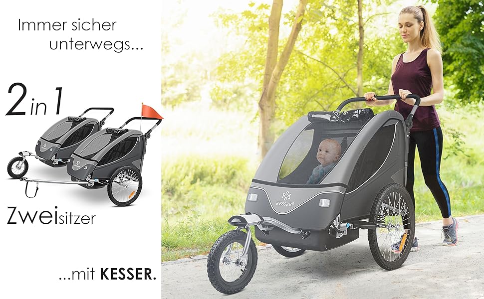 Дитячий велопричіп KESSER® 2в1 з поворотним механізмом 360° та амортизацією. Підходить для 1-2 дітей (до 40 кг). З п'ятиточковим ременем безпеки та сигнальним прапором. Колір: світло-сірий.