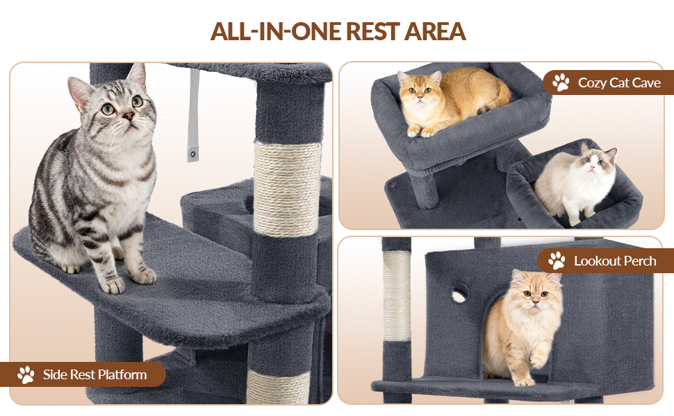 Котячий будиночок Kratzbaum 178 см: стабільний, з дряпальними стовпцями, лежаками та платформами, сірий