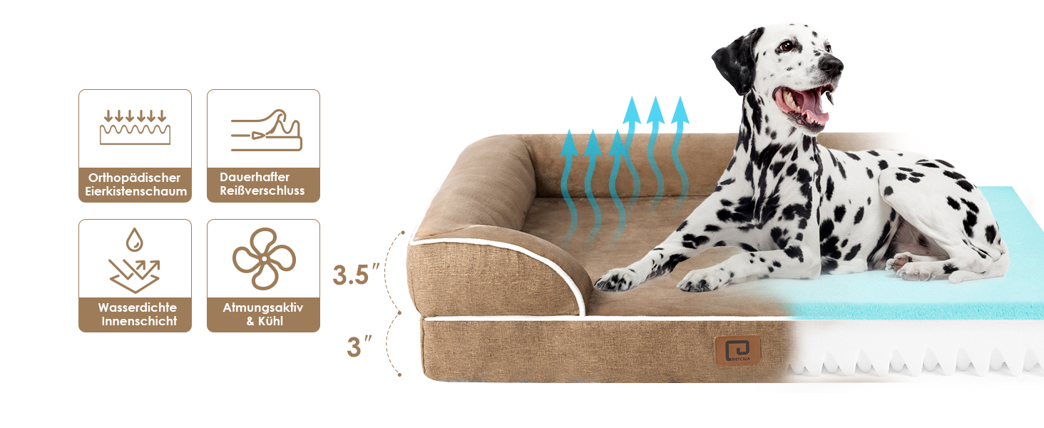 Ортопедичне ліжко для собак великих порід, 112x81 см, кошик для собак з Memory Foam XL, вологостійке собаче ліжко з високим бортиком, зручна собача кушетка, Kamel 112 x 81 x 17.5 см