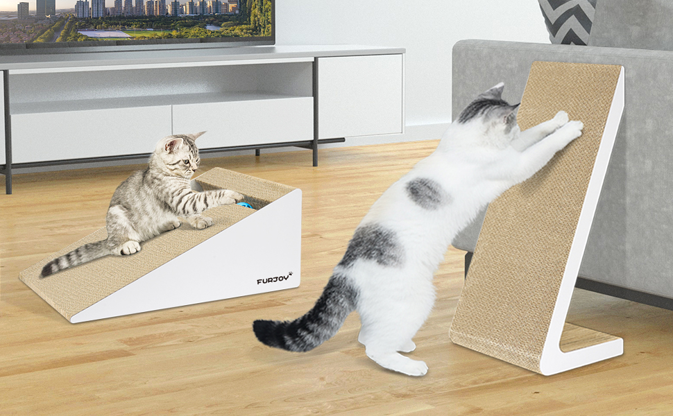 Furjoy Котячий Драпак Вертикальний 2-в-1, Драпак-Килимок, Лаунж, з Котячою М'ятою та Дзвіночком (50 x 24 x 20 см, 37 x 24 x 15 см)