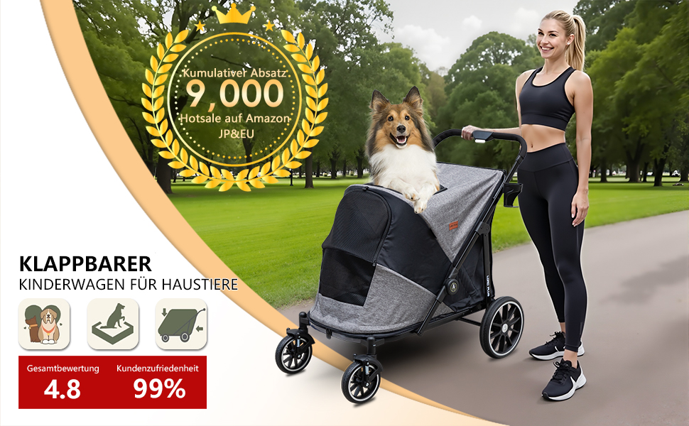 Візок для собак Quolliter: складаний, до 50 кг, для великих собак та котів, сірий, 100 x 48 x 96 см