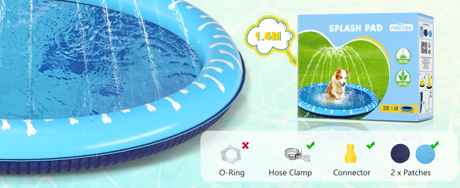 Надувний басейн для собак Nobleza D140см, Splash Pad для великих та маленьких собак, антиковзаюча підстилка, блакитний та світло-блакитний