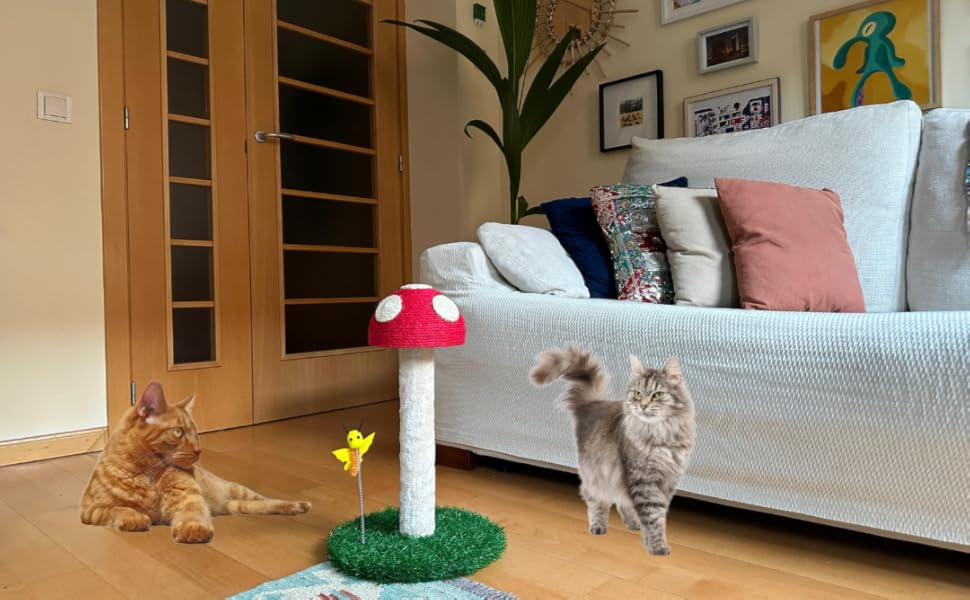 Котячий когтетоп Kratzbaum з мотивом грибів - когтетоп для котів 45 см з трьома текстурами, когтетоп-стійка, когтетоп з товстої тканини, котячі меблі, котячий когтетоп