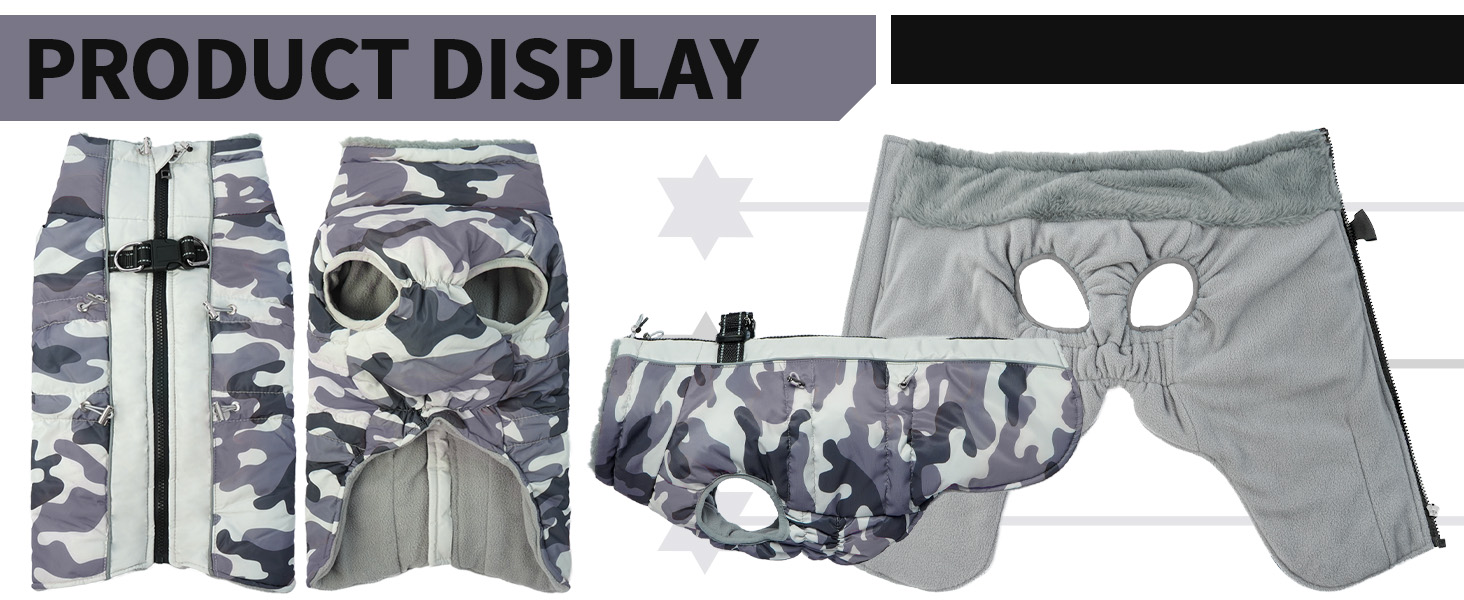 Водонепроникний теплий зимовий одяг для собак - куртка з отвором для шлейки, з відбиваючими смугами, для малих, середніх та великих собак, колір: сірий камуфляж, розмір: S