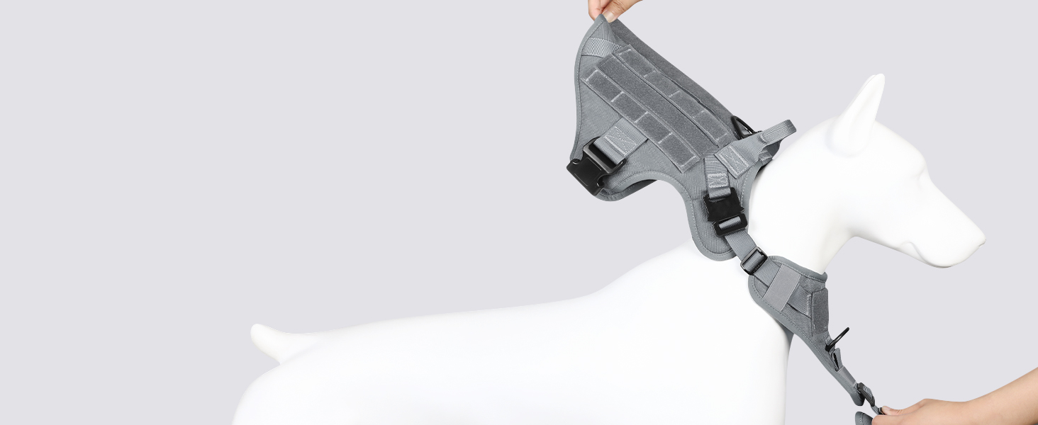 Шлейка для собак Rabbitgoo великих порід, без натягу, тактична з MOLLE, металеві пряжки, дихаюча, військова, регульована, з підкладкою, сіра, L (1 шт.)