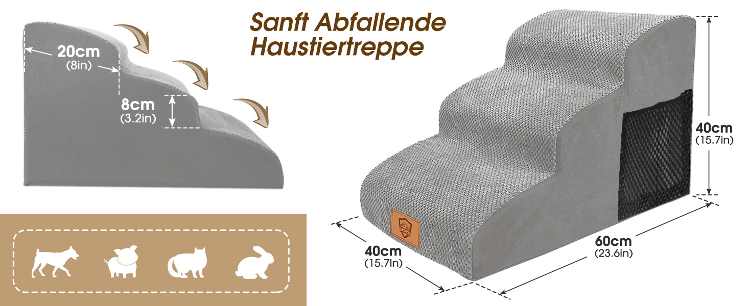 Сходинки для собак 3 ступені, антиковзні, 40 см, сірі. Підходять для маленьких собак та котів. Зручні для доступу на диван/ліжко. Легко миються.
