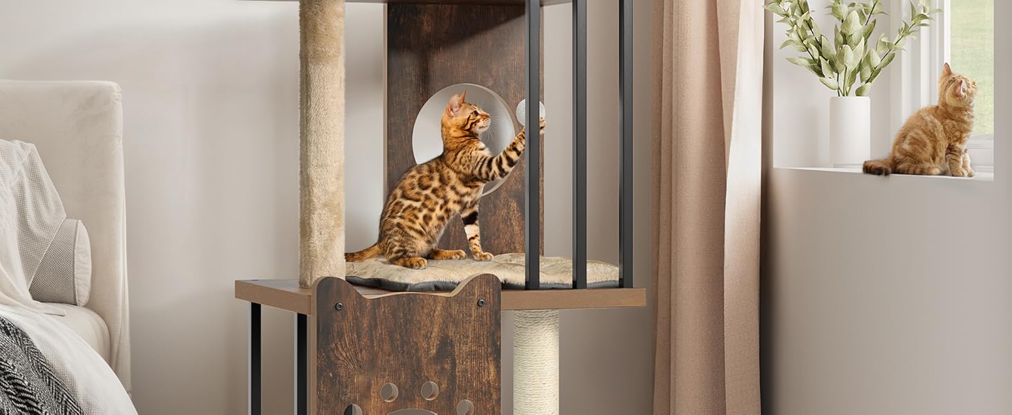 Дерев'яний кігтеточка YITAHOME 90 см з 3 рівнями для великих котів, кігтеточний комплекс з подушками, іграшками (пір'їнка, помпон), у кольорі