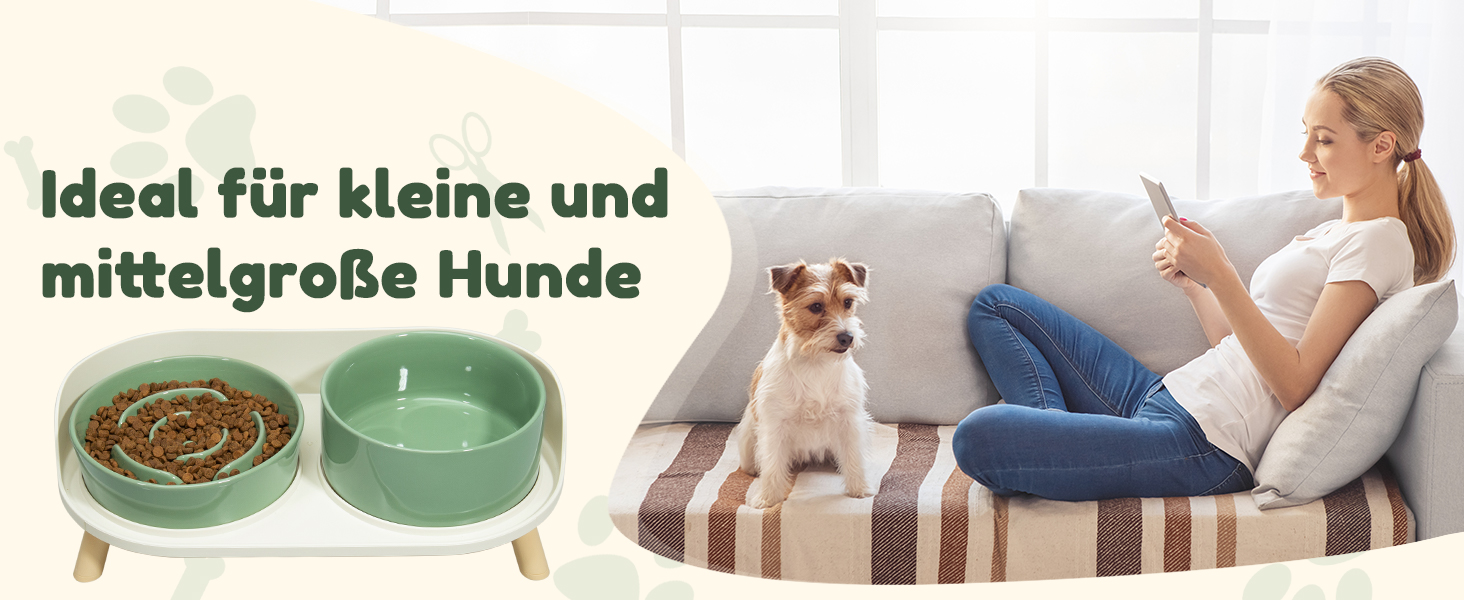 Набір мисок для собак з кераміки, піднятий на платформі - миски для повільного годування, набір з двох мисок для маленьких та середніх собак, годівниця та миска для води з неслизьким підставкою, середньо-зелений колір