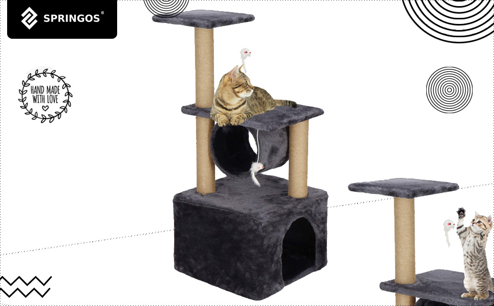 Котячий будиночок SPRINGOS з когтеточкою, лежаком та регульованою висотою, 245 см, сірий (62 см)