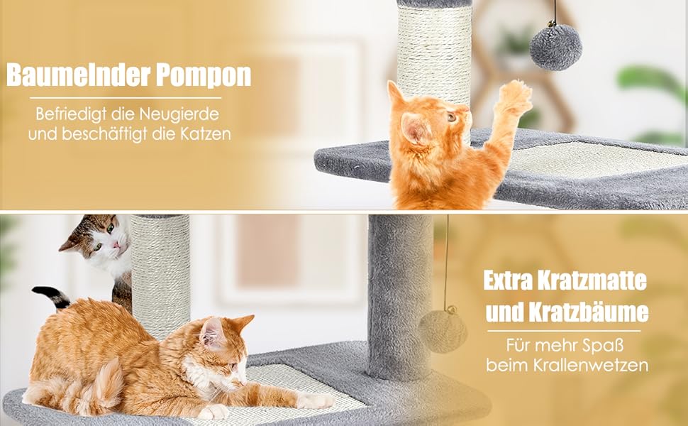 Дряпак для котів COSTWAY, 85 см, з будиночком, м'яким сидінням, м'ячиком та сизалевими стовпчиками, сірий