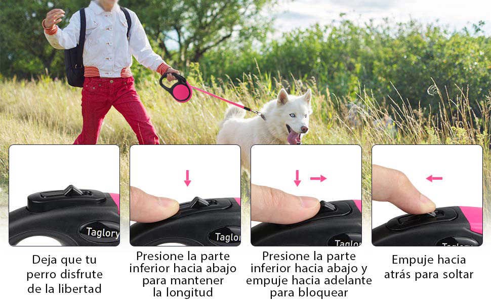Висувна поводок для собак Taglory, 5м, рожевий, для середніх та великих собак до 45 кг, з надійним гальмом та антиковзним руків'ям