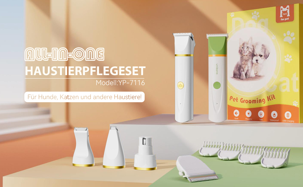 Триммер для собак і котів Unibono Leise - акумуляторний, 4 насадки для грумінгу, 7000 об/хв