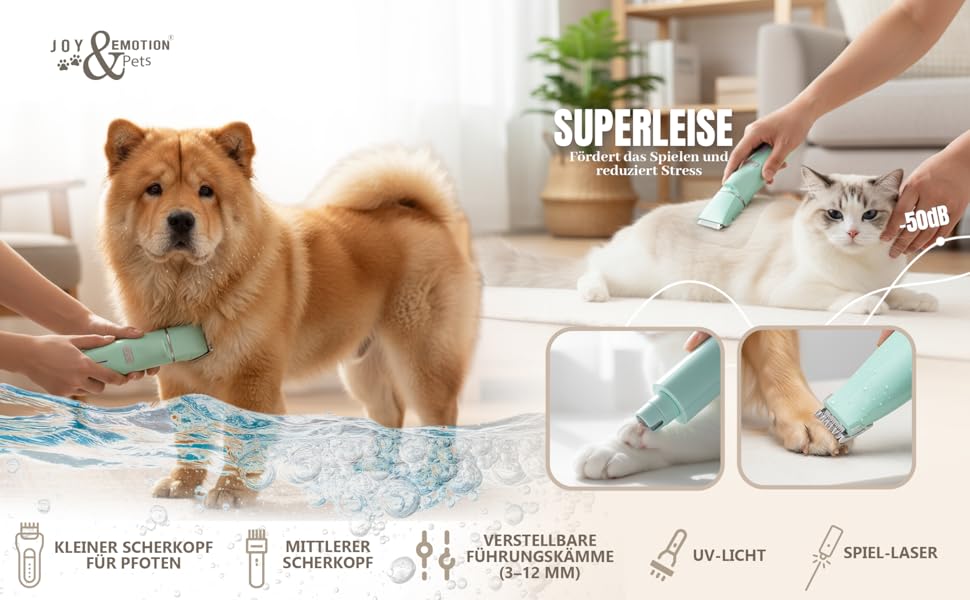 Машинка для стрижки собак та котів JOY & EMOTION® 6-в-1 з лазером та УФ-світлом | Бездротова машинка для грумінгу тварин | Тиха машинка для стрижки кігтів