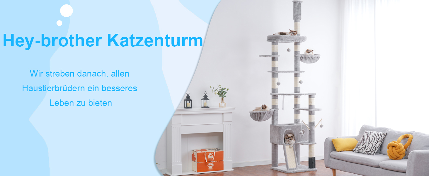Котячий будиночок Hey-brother Kratzbaum: регульований котячий комплекс 250-280 см, до стелі, для великих котів, з гніздом, сірий, 0MPJ091W