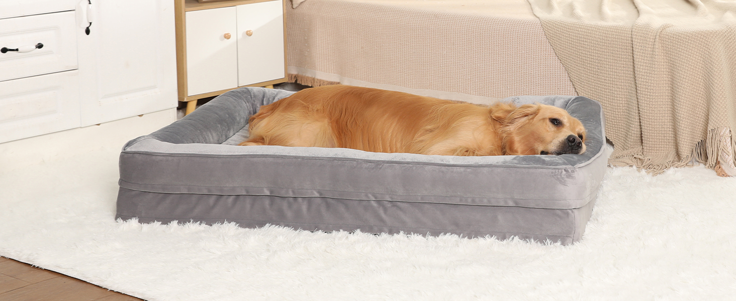Ортопедичне ліжко для собак великих порід, ергономічне софа з піною у формі яйця, вологостійке неслизьке ліжко для собак 122x89 см, світло-сірий/коричневий L 122 x W 89 x H 17 см
