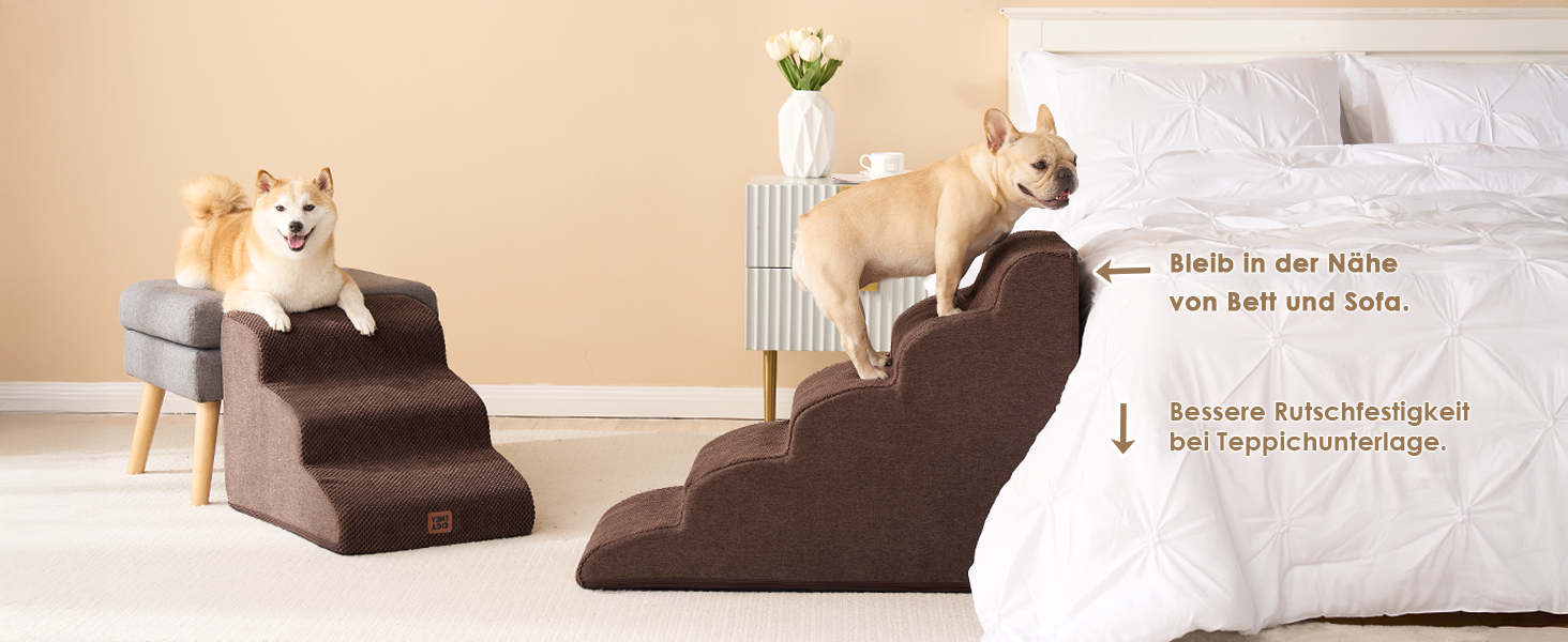 Сходинки для собак EHEYCIGA – 50 см, для маленьких собак, на диван/ліжко, з високощільним губчастим матеріалом, знімний та миючий чохол, протиковзне покриття, 4 сходинки, сірий колір (40 x 50 x 30 см, коричневий)