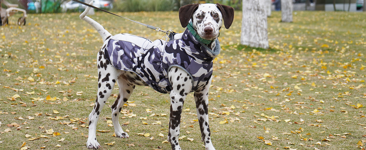 Водонепроникний теплий зимовий одяг для собак - куртка з отвором для шлейки, з відбиваючими смугами, для малих, середніх та великих собак, колір: сірий камуфляж, розмір: S