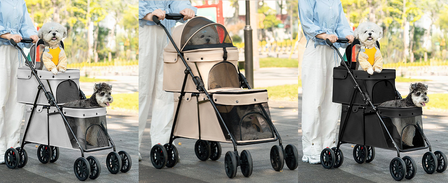 Складаний візок для собак на 2 ярусах, переноска для домашніх тварин до 24 кг, візок для собак з сітковими віконцями, ремінь безпеки, 4 колеса, складаний візок для котів та маленьких собак (чорний)