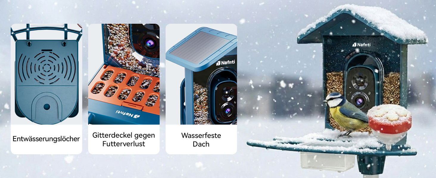 Кормушка для птахів з камерою, AI розпізнавання птахів, 2.4 ГГц/5 ГГц, сонячна, захищена від білок, миттєві сповіщення, 2K камера для заднього двору