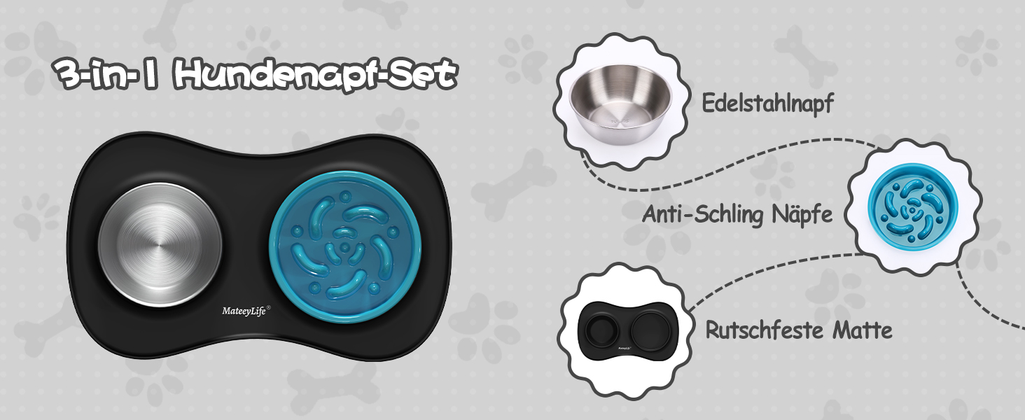Набір мисок для собак MateeyLife 3-в-1: миска для їжі протиковзаюча, миска для води з нержавіючої сталі та силіконова підставка. Підходить для собак, котів та цуценят різних порід. Чорний колір.