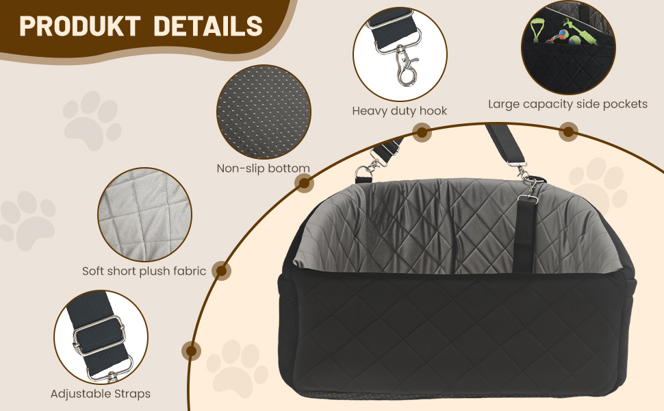 Автомобільний лежак для собак та котів, з кишенями для зберігання, з ременями безпеки, чорний та сірий