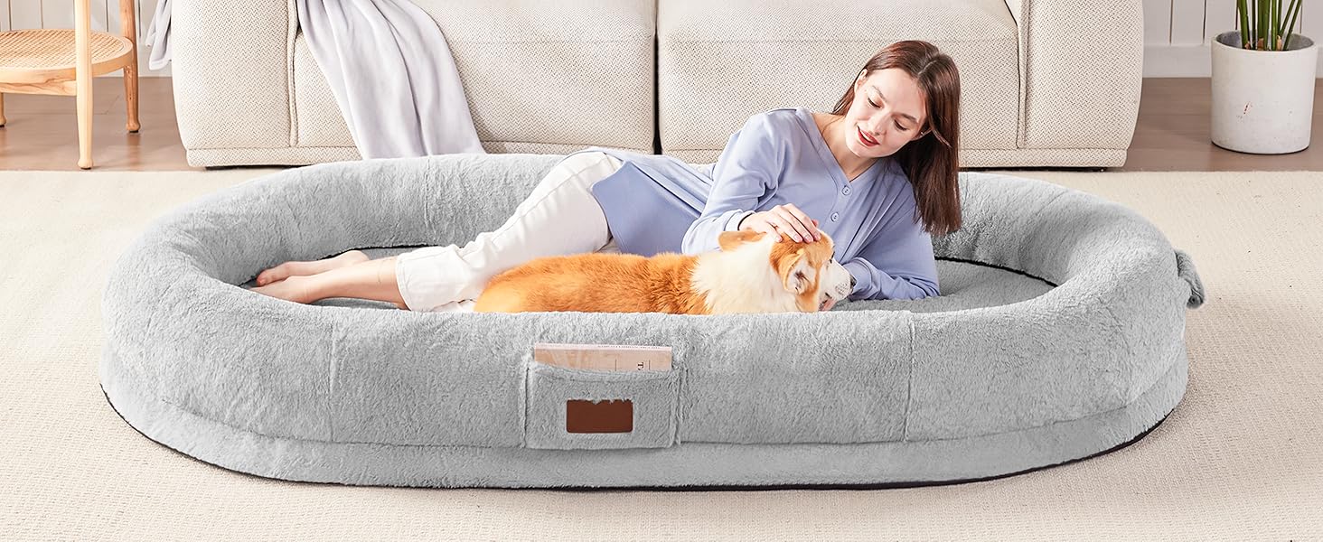 Крісло-ліжко для собак та людей, 180х122х25 см, велике крісло-мішок з ковдрою, овальне ліжко з штучного хутра, знімний великий матрац Memory Foam, сіре