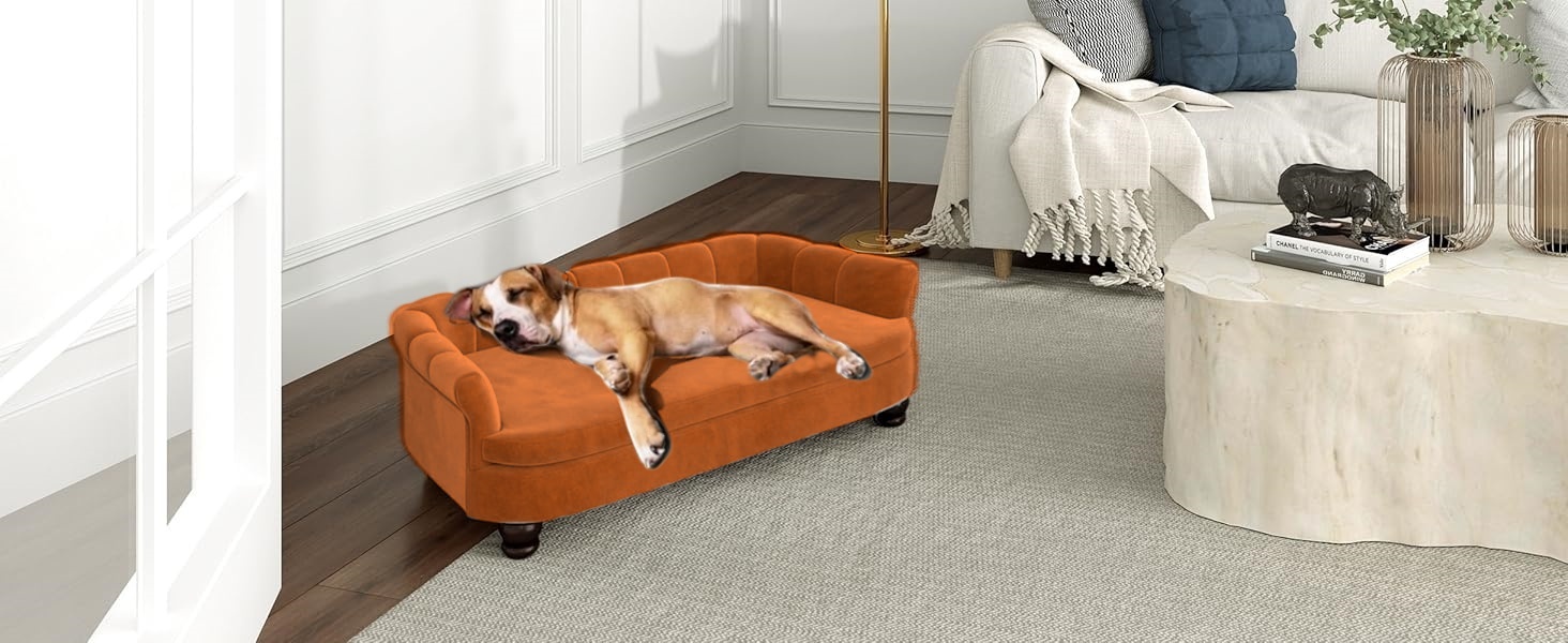 Диванчик для собак SEYNAR: м'який, з велюровою подушкою, для великих та середніх собак, для вітальні, миється, оранжевий
