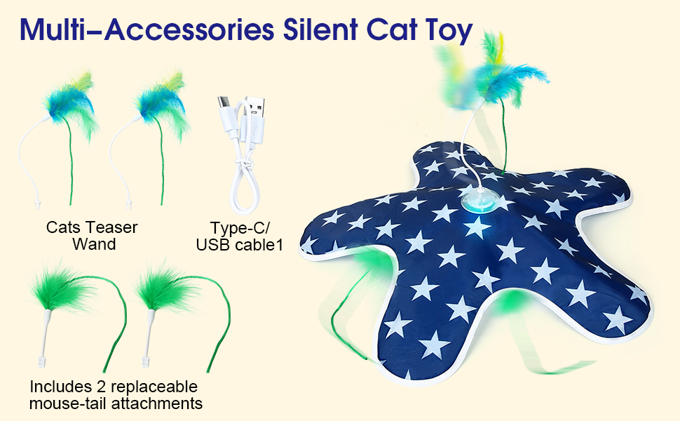 Інтерактивна іграшка для котів PUHOHUN: автоматична мишка з пір'ям, іграшка-палиця з пір'ям, синього кольору