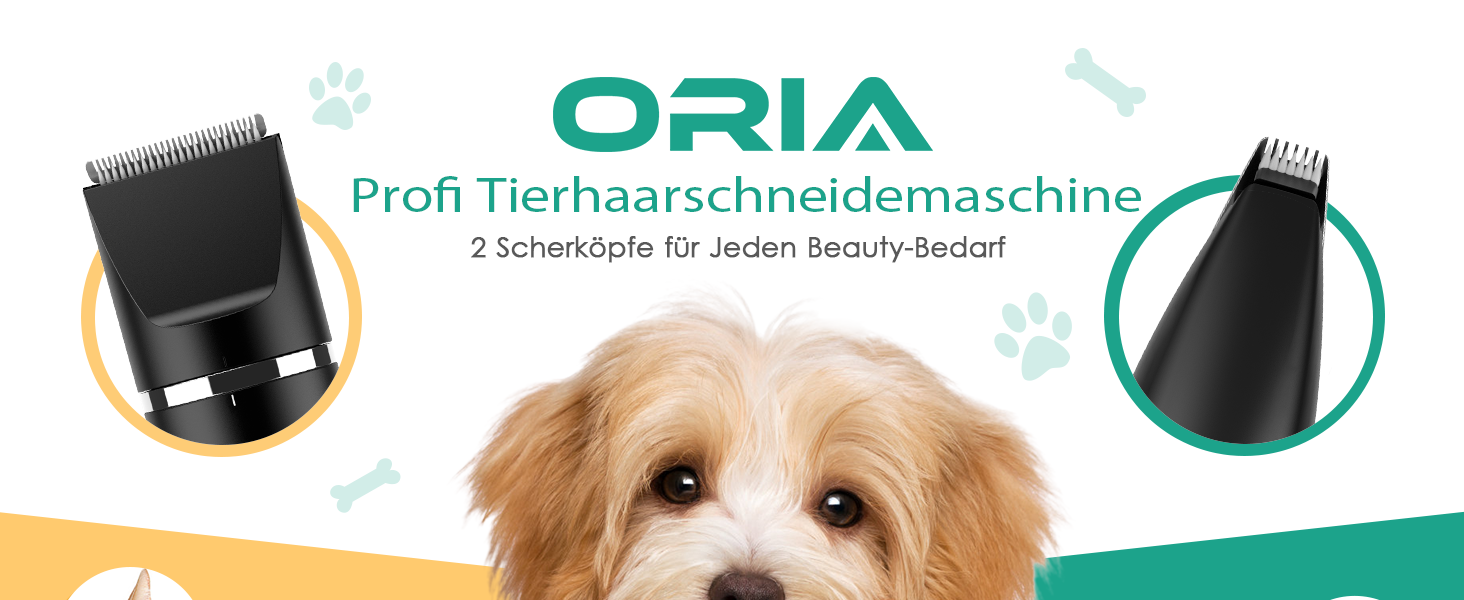 Триммер для тварин ORIA 2-в-1: машинка для стрижки собак та котів, USB, водонепроникна IPX7, тиха, з 2 насадками, білий/чорний