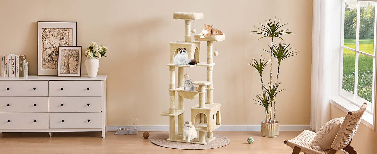 Кігтеточка для котів MSmask велика, стабільна, багатоярусна з 2 платформами, 2 будиночками, гамаком та сизалевими стовпчиками (Бежевий, 160 см)