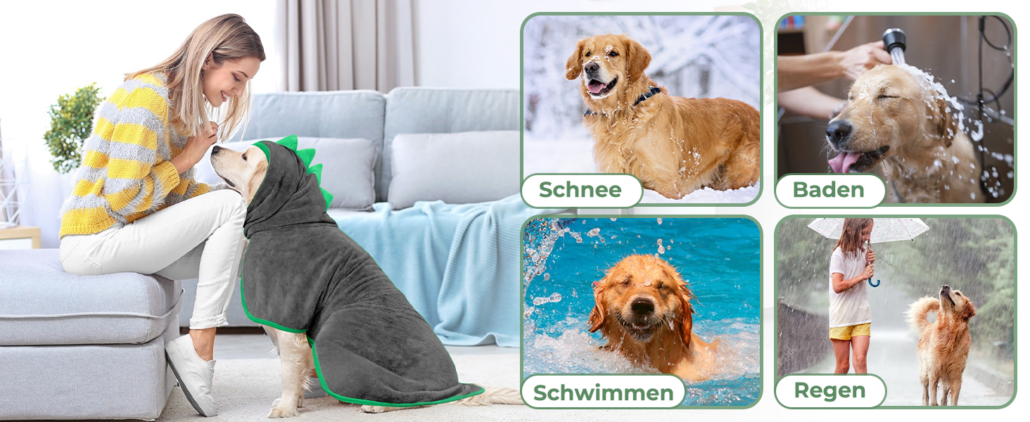 Рушник для собак з мікрофібри, халат для собак, швидковисихаючий, з регульованим коміром на липучці, для великих, середніх та маленьких собак/котів (Сірий зелений, M)