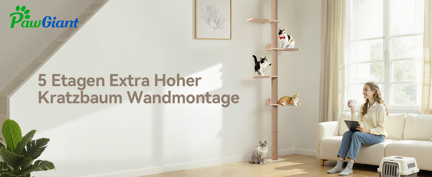 Кігтеточка PawGiant з 5 ярусів, кріпиться до стіни, 213 см, з сизалю, платформами, для котів середніх розмірів