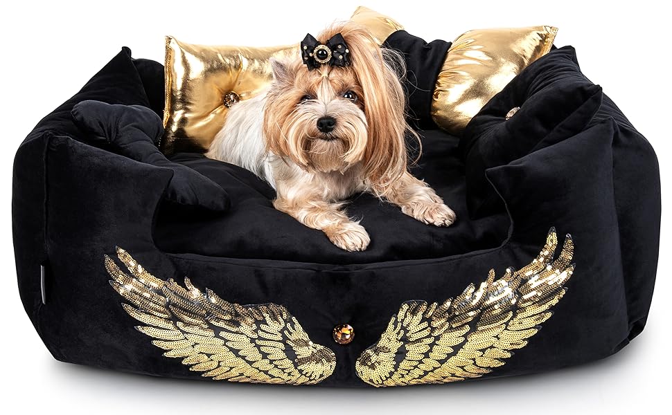 NELKE Розкішне ліжко для собак Glamour-стиль. Чорне ліжко-софа з золотими крилами для маленьких та середніх собак. Знімний, washable (можливість прання)