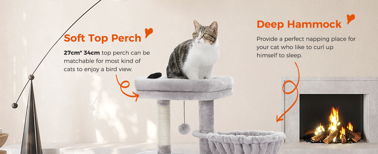 PAWZ Road Дерев'яний комплекс для котів з гамаком [73см], сірий. Дряпка для котів з сизалю, інтерактивна кулька, для дому