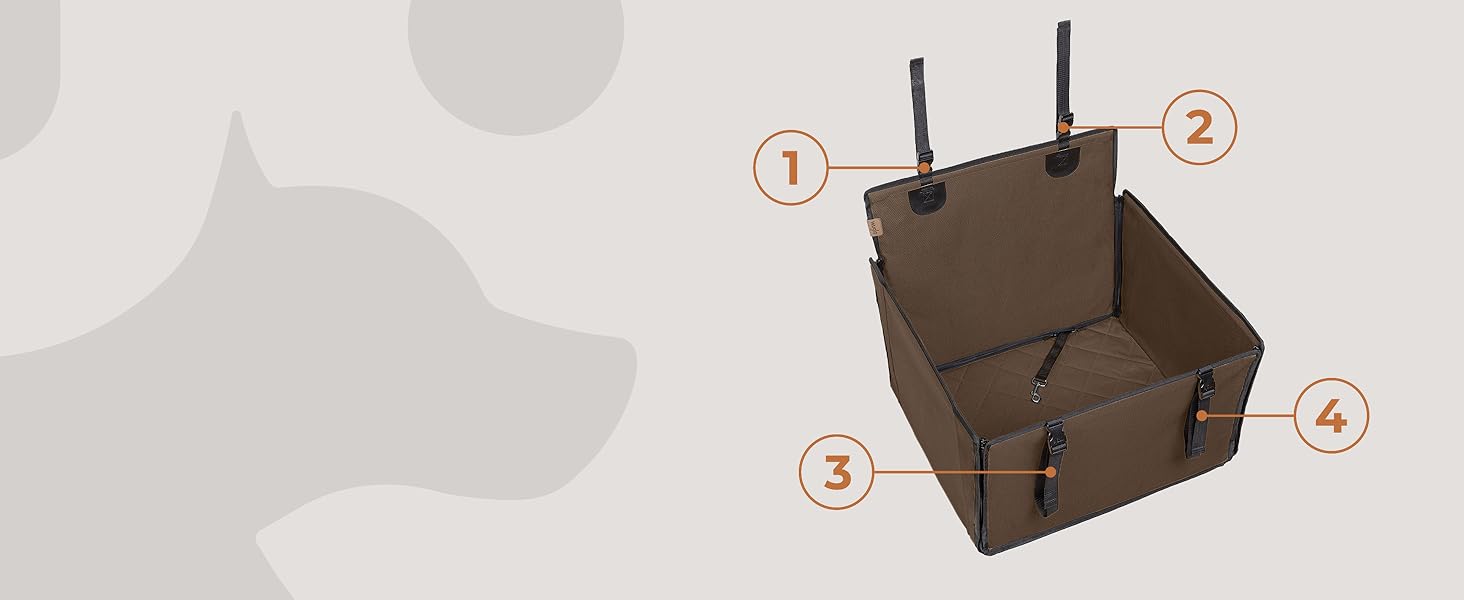 Автокрісло для собак WUGLO Extra Stable, коричневе, для собак середніх розмірів, з 4 ременями, водонепроникне