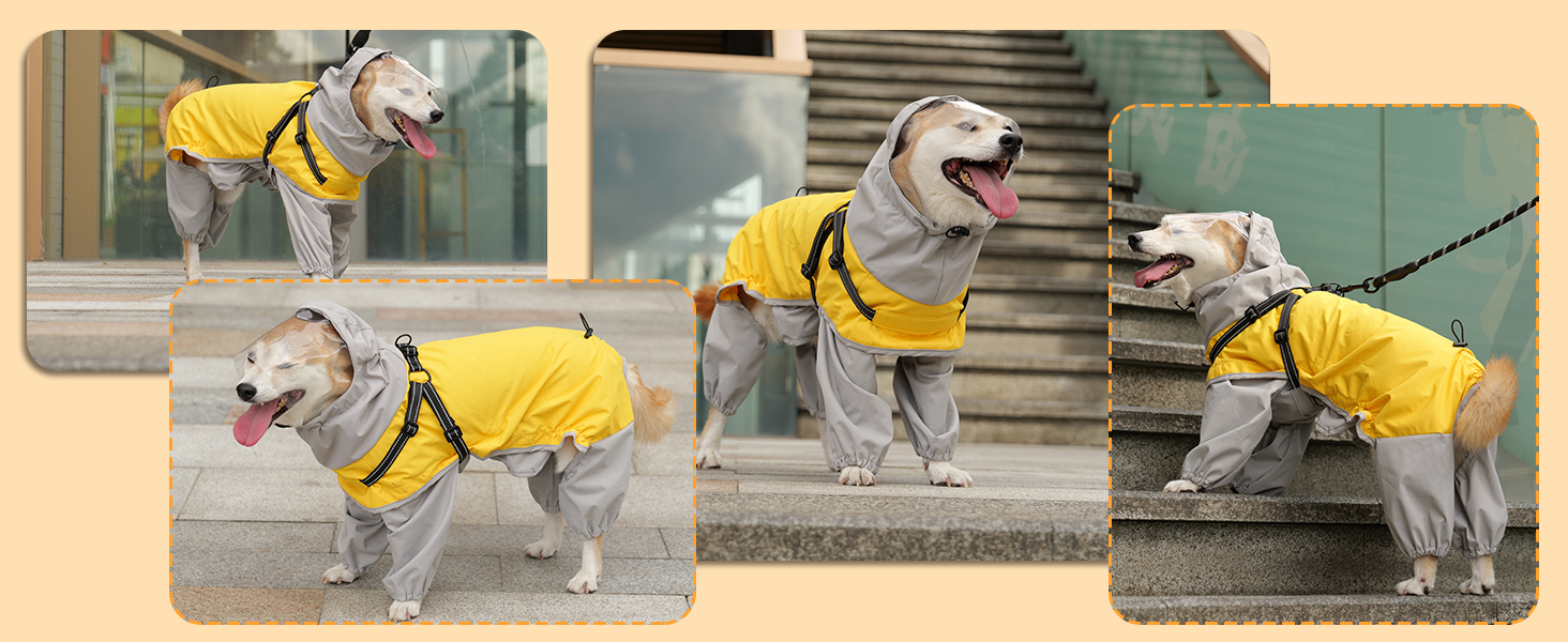 Водонепроникний дощовик для собак Lianzimau з прозорою капузоном. Відбиваючий дощовик для собак з ніжками для маленьких, середніх та великих собак. Жовтий, XXL