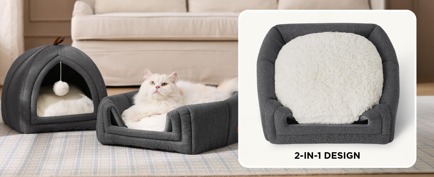 Кішка ліжко BEDSURE велике, 40x40x40 см, кішка печера, знімний плед Sherpa, іграшка, миється, темно-сірий