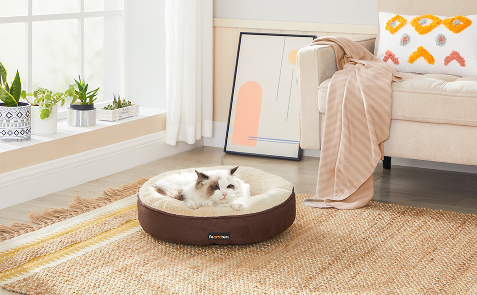 Ліжко для собак та котів Feandrea Donut, діаметр 50 см, коричневе, 50 x 50 x 18 см